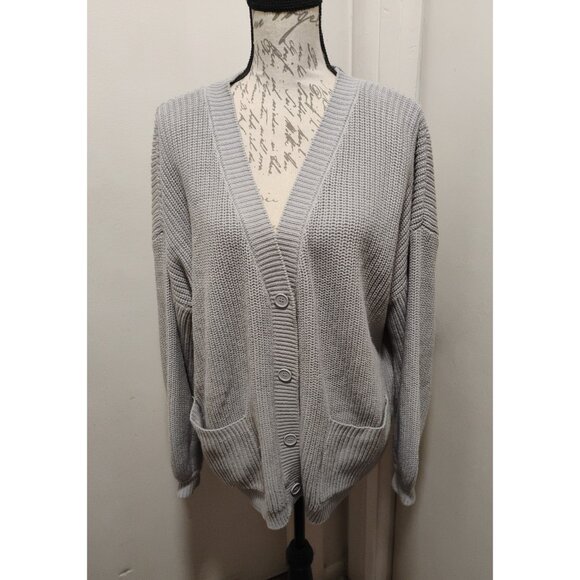 FOREVER 21 Women's Gray Long Sleeve Cardigan V Neck Button Front Pocket Large - Picture 2 of 15
